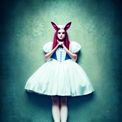 Prompt: beautiful full body portrait of cute alice in wonderland, middle aged, atmospheric, 4 k, strap shoes, white rabbit in background