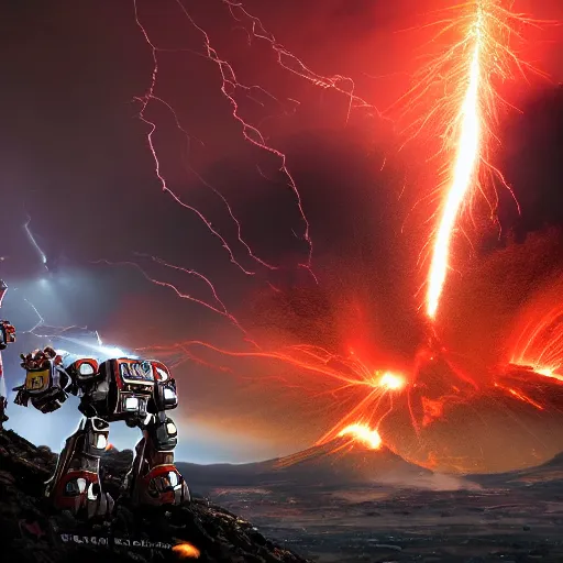 Image similar to a battle between mecha next to an erupting volcano, dark, dramatic lighting, lightning, apocalypse, warhammer 4 0 k