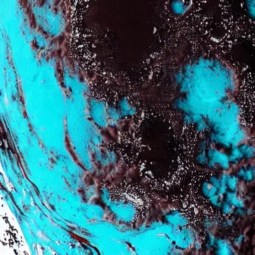 Prompt: satellite image of apocalyptic desert planet, oceans covered in mysterious black gooey liquid slime