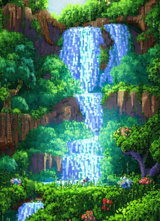 Prompt: view of a light meadow and waterfalls, beautiful detailed pixelart by albertov in the style of quest for glory iii, intricate details, beautiful, dithered, gradients, volumetric lighting, cgsociety, artstation, 2. 5 d, water speed 4