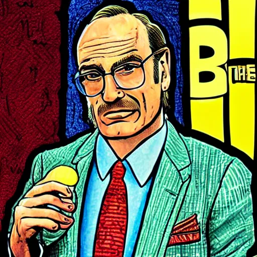 Image similar to The Artwork of R. Crumb and his Cheap Suit Saul-Goodman-Better-Call-Saul, pencil and colored marker artwork, trailer-trash lifestyle