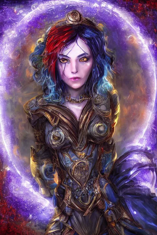 Image similar to Path of Exile, Maven, blue eyes female image with silver purple hair among colourful lights, dark blue spheres fly around, Anachronism, painting, dark fantasy, steampunk, 4k