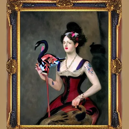 Image similar to tattoo of madame x holding a flamingo croquet stick with an ornate victorian frame comprised of radishes, cats, and flamingoes, by john singer sargent,