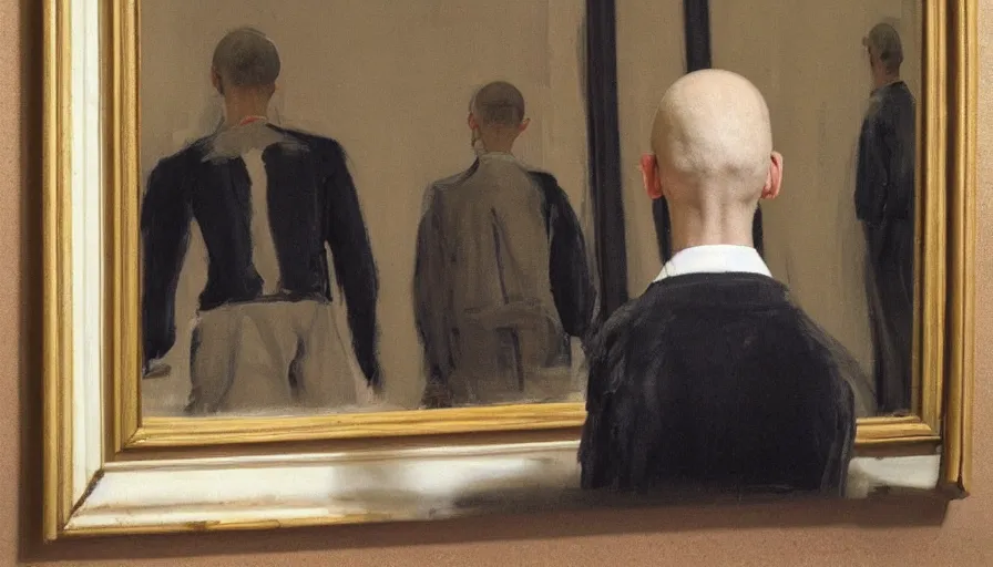 Prompt: painting by borremans, sketched man in front of the mirror, detailed, stunning