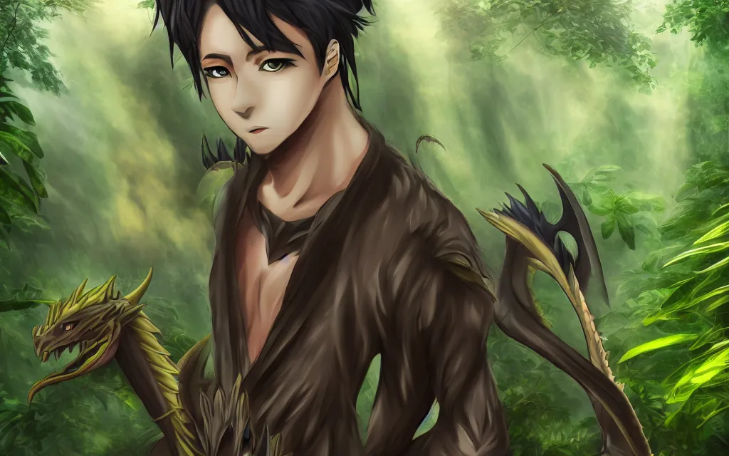 Prompt: handsome anime dragon in Amazon rainforest, dnd character, background focus, fantasy, magic, realistic textured skin, clear clean, by lya