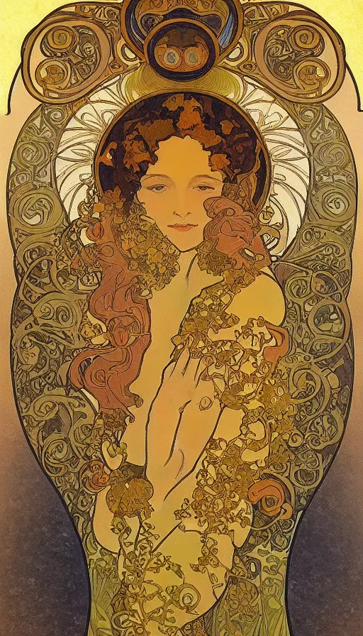 Image similar to a combination of the art styles of Alphonse Mucha and Gustav Klimt, gold leaf, faded colors