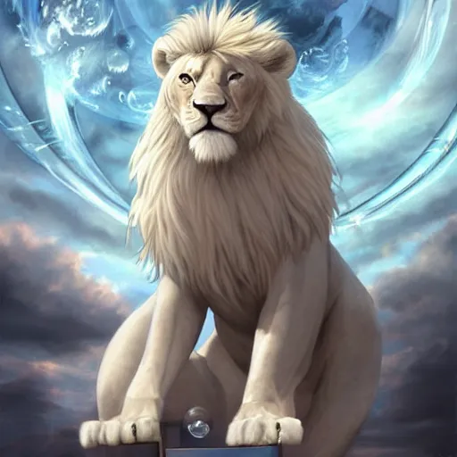 Image similar to aesthetic portrait commission of a albino male furry anthro lion floating inside a floating soap bubble in a blue cloudy sky with clouds orbiting the bubble like a planet, minimalistic art, hyperdetailed. Character design by charlie bowater, ross tran, artgerm, and makoto shinkai, detailed, inked, western comic book art, 2021 award winning painting