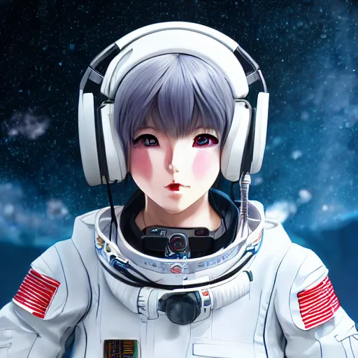 Image similar to Portrait of an Akira anime girl wearing military communication ear headphones, burning white eyes, space pirate, spacesuit ghost in the shell, extreme details, soft lighting, realistic octane render, 8k