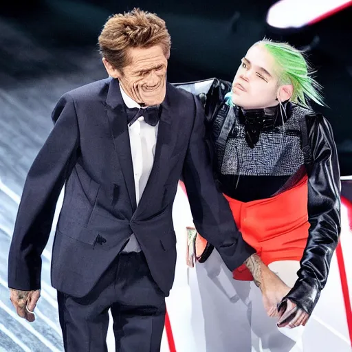 Prompt: willem dafoe holding hands with billie elish 4k