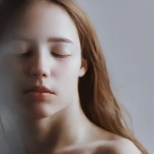 Image similar to photorealistic portrait of a beautiful young woman, very blurry, out of focus, translucent stone white skin, closed eyes, foggy, closeup