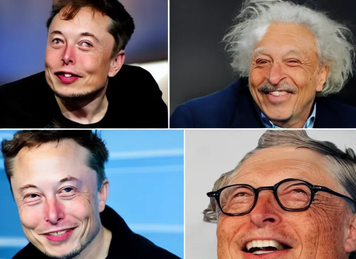 Prompt: elon musk and bill gates and einstein swim together. perfect faces.