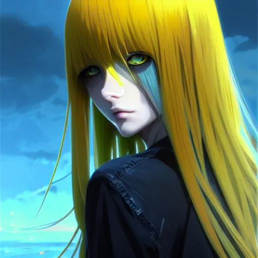 Image similar to attractive yellow eye color long blue - haired girl with bangs gothic anime character, fantasy, screenshot, anime, sharp focus, intricate, illustration, cell shaded, digital painting, highly detailed, concept art, matte, art by ilya kuvshinov and kyoto animation and wlop, and greg rutkowski, studio quality, james jean, artem demura