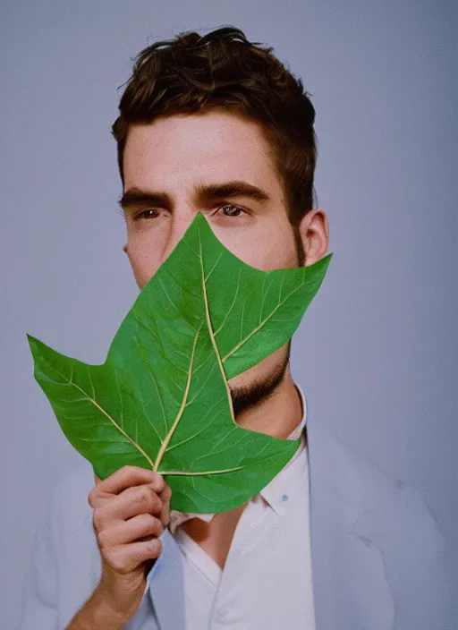 Prompt: a fashion portrait photograph of a man with a leaf on his face designed by stanley kubric, pastel colors, 3 5 mm, color film camera, studio lighting, pentax