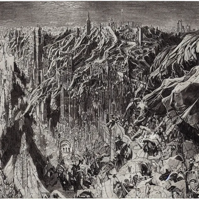 Image similar to artwork by Franklin Booth showing the fall of the city of Babylon