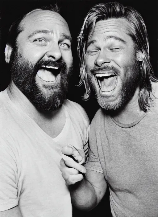 Prompt: a polaroid photo of tom segura and brad pitt laughing at a joke together, photorealistic, highly detailed