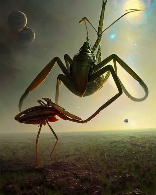 Prompt: a giant space praying mantis eats planet, photo realistic, epic composition, epic light, high details by greg rutkowski and mark marc simonetti