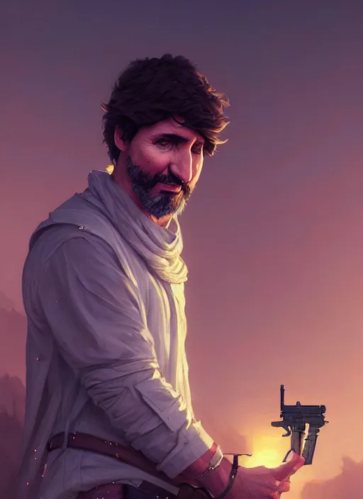 Image similar to highly detailed portrait justin trudeau in ( ( osama bin laden ) ) holding desert eagle! in saints row iv stephen bliss unreal engine fantasy art by greg rutkowski loish rhads ferdinand knab makoto shinkai lois van baarle ilya kuvshinov rossdraws tom bagshaw global illumination radiant light detailed intricate environment