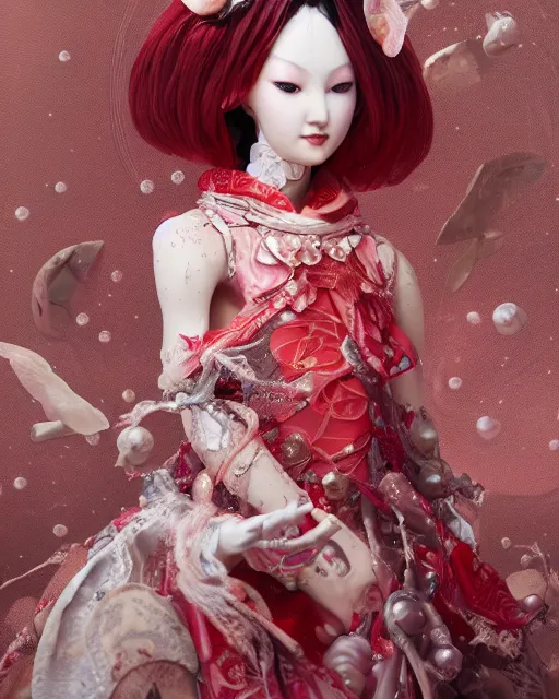 Image similar to detailed photo of pearl japanese doll, pearl skin, magical, beautiful clothes, innocent, elegant red dress, 8 k, by tristan eaton, stanley artgermm, tom bagshaw, greg rutkowski, carne griffiths, trending on deviantart, hyper detailed, glorious lighting, epic environment