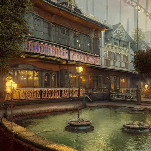 Prompt: art city art nouveau cryengine render by thomas kinkade, john stephens, tim white, benoit mandelbrot