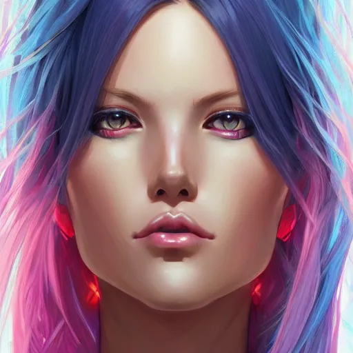 Image similar to portrait of beautiful symmetrical anime girl, rainbow hair, attractive, casual, modern, victoria's secret, highly detailed, digital painting, artstation, concept art, smooth, sharp focus, illustration, art by artgerm, greg rutkowski and alphonse mucha, 8 k,