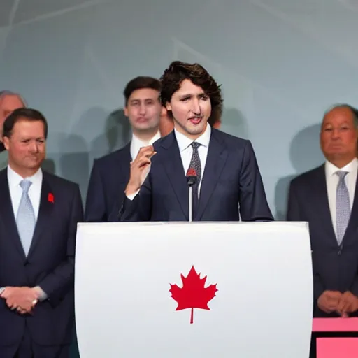 Image similar to justin trudeau. he is wearing a bikini. world leaders meeting,