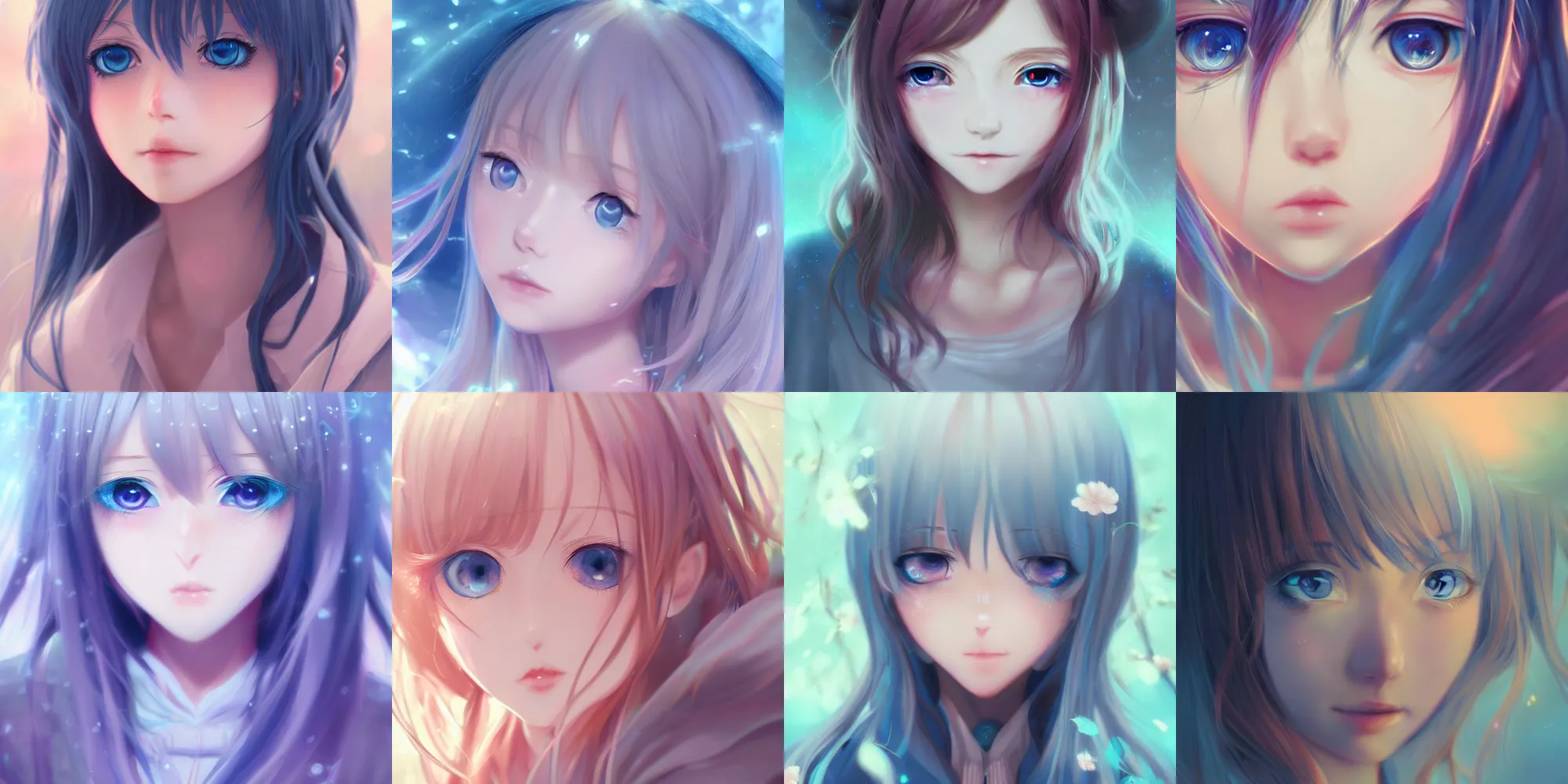 Prompt: anime girl, blue eyes, portrait in extremely cute realistic digital art style with bloom ethereal effects, trending on Artstation, pixiv, made by WLOP, feminine in pastel shades, hyperdetailed, 4k, 8k, ultra HD