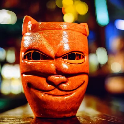 Image similar to a closeup photorealistic photograph of an orange cat garfield style tiki mug at a trader vic's bar with garfield's face on the front. tiki party. bright scene. fine detail. this 4 k hd image is trending on artstation, featured on behance, well - rendered, extra crisp, features intricate detail, epic composition and the style of unreal engine.