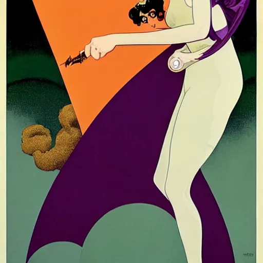 Image similar to Eva Green is Metamorpho, the Element Woman, Art by Coles Phillips and Joshua Middleton, Chalk white skin, deep purple hair, Green eyes, Orange background, Mucha, Portrait of the actress, Eva Green as Metamorpho, carbon black and antique gold