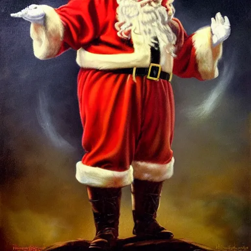 Image similar to an ultra - realistic portrait painting of santa claus in the style of frank frazetta. 4 k. ultra - realistic. highly detailed. dark fantasy. epic lighting.