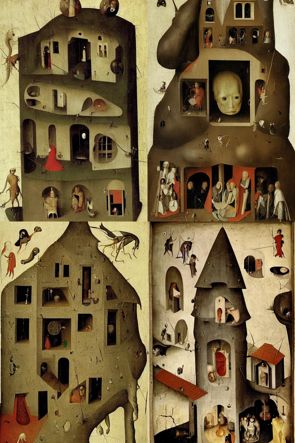 Prompt: House made of a human head by Hieronymus Bosch