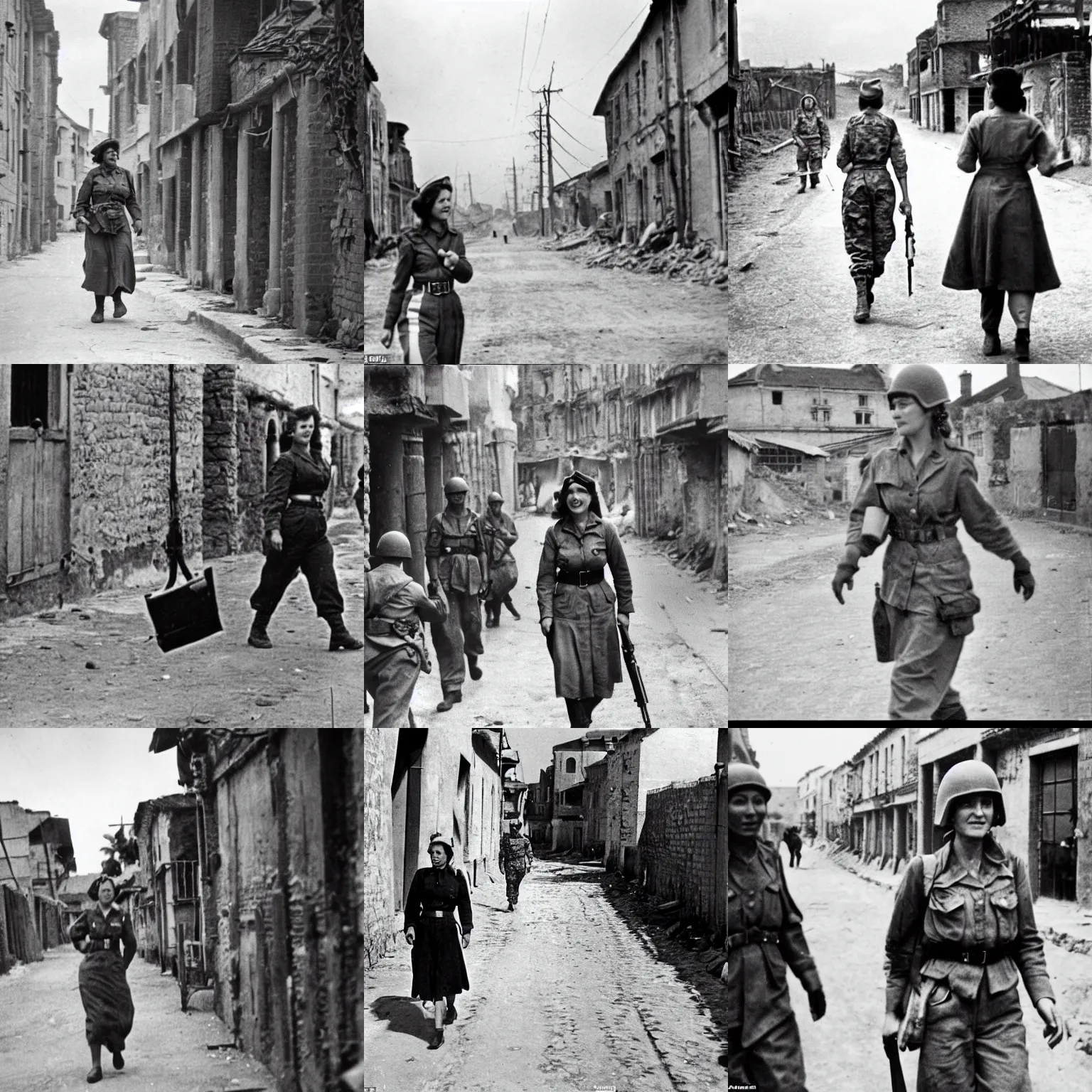 Prompt: a female soldier walks through a liberated town, 1 9 4 5