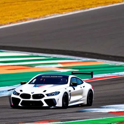 Prompt: a 2 0 1 8 bmw m 8 gte driving on a race track