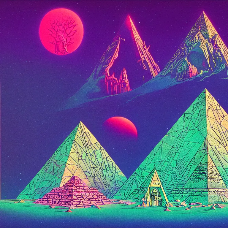 Image similar to mysterious ufo hovers over magical crystal pyramid, pink crescent moon, bright neon colors, highly detailed, cinematic, eyvind earle, tim white, philippe druillet, roger dean, ernst haeckel, lisa frank, aubrey beardsley