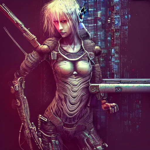 Image similar to a highly detailed long shot photo of cyberpunk female character by ayami kojima, elf, beksinski, giger, elf, wielding rifle, intricate, digital painting, artstation, concept art, smooth, sharp focus