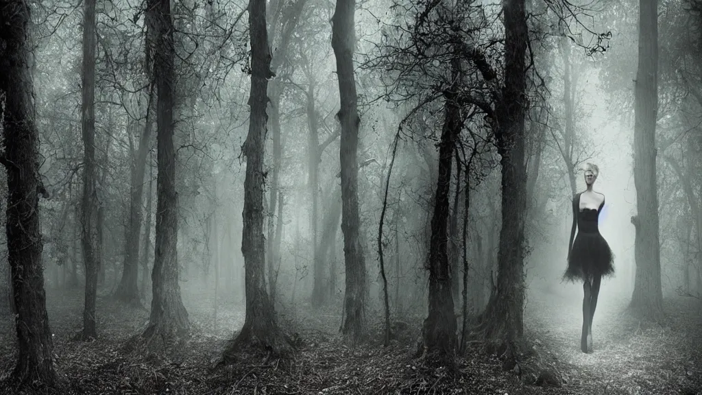 Prompt: eerie atmospheric symmetrical vogue fashion photography in a forest by paolo roversi