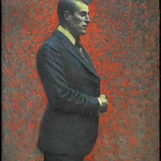 Prompt: youtube accurate, emotive by ray donley, by willard metcalf. a print of a suit. the man's eyes are closed & he has a serene, content look on his face. his arms are crossed in front of him & is floating in space. background is swirling with geometric shapes & patterns.