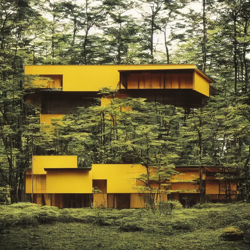 Prompt: architecture ad for a mid-century modern house, designed by Kengo Kuma. Film grain, cinematic, yellow hue