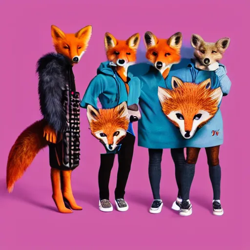 Image similar to photorealistic music album cover, with foxes animals wearing clothes, all looking at camera, studio lighting, award winning photograph, 8 5 mm f / 1. 4