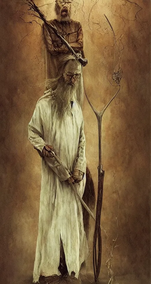 Prompt: Walter White as Saruman holding a staff by Esao Andrews and Karol Bak and Zdzislaw Beksinski