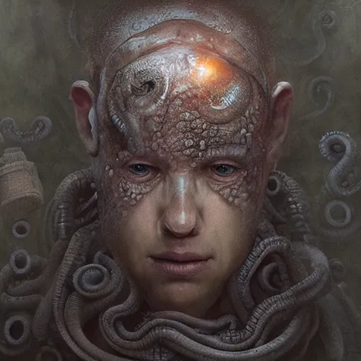 Prompt: dramatic full close - up portrait of a sad human! ( cephalopod ) hybrid, detailed, dimly light room, volumetric lighting, by greg rutkowski, by mattias adolfsson, oil on canvas