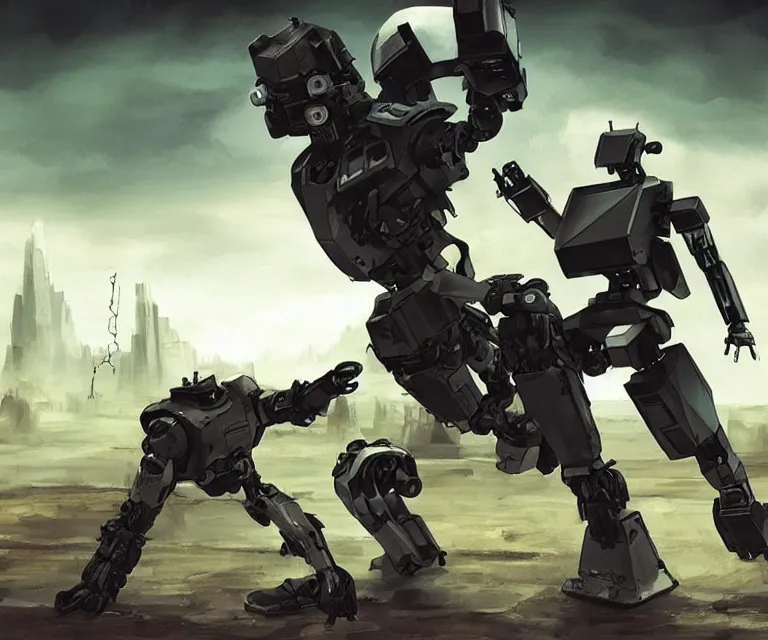 Image similar to androids fighting robots, post - apocalyptic world, dark landscapes, dreary