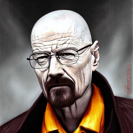 Image similar to walter white as a vampire, detailed digital art, painted by WLOP