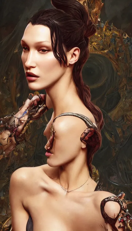 Prompt: bella hadid, bold, passionate, seductive, expressive, charismatic, very sweaty, intricate fashion clothing, insane, intricate, highly detailed, digital painting, artstation, concept art, surrealistic, smooth, sharp focus, illustration, unreal engine 5, 8 k, art by artgerm and greg rutkowski and alphonse mucha