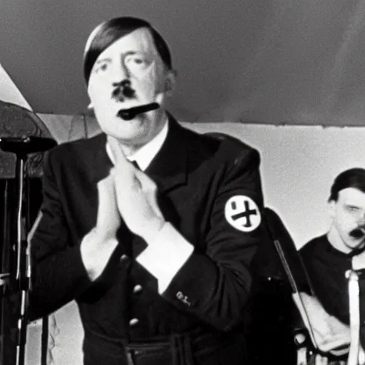 Prompt: A still of Hitler performing in a 1970s funk band