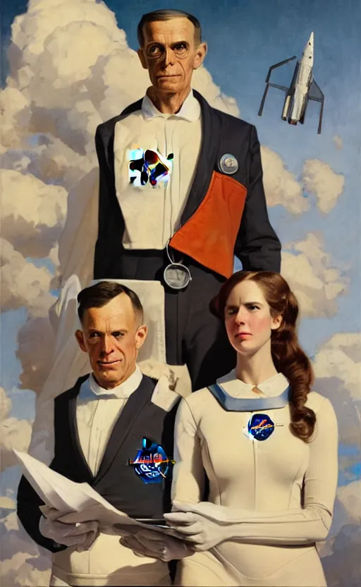 Image similar to super super super epic cinematic shot of an astronaut couple, American Gothic style, 8k scene, digital art, drawn by j.c. leyendecker, amazing quality