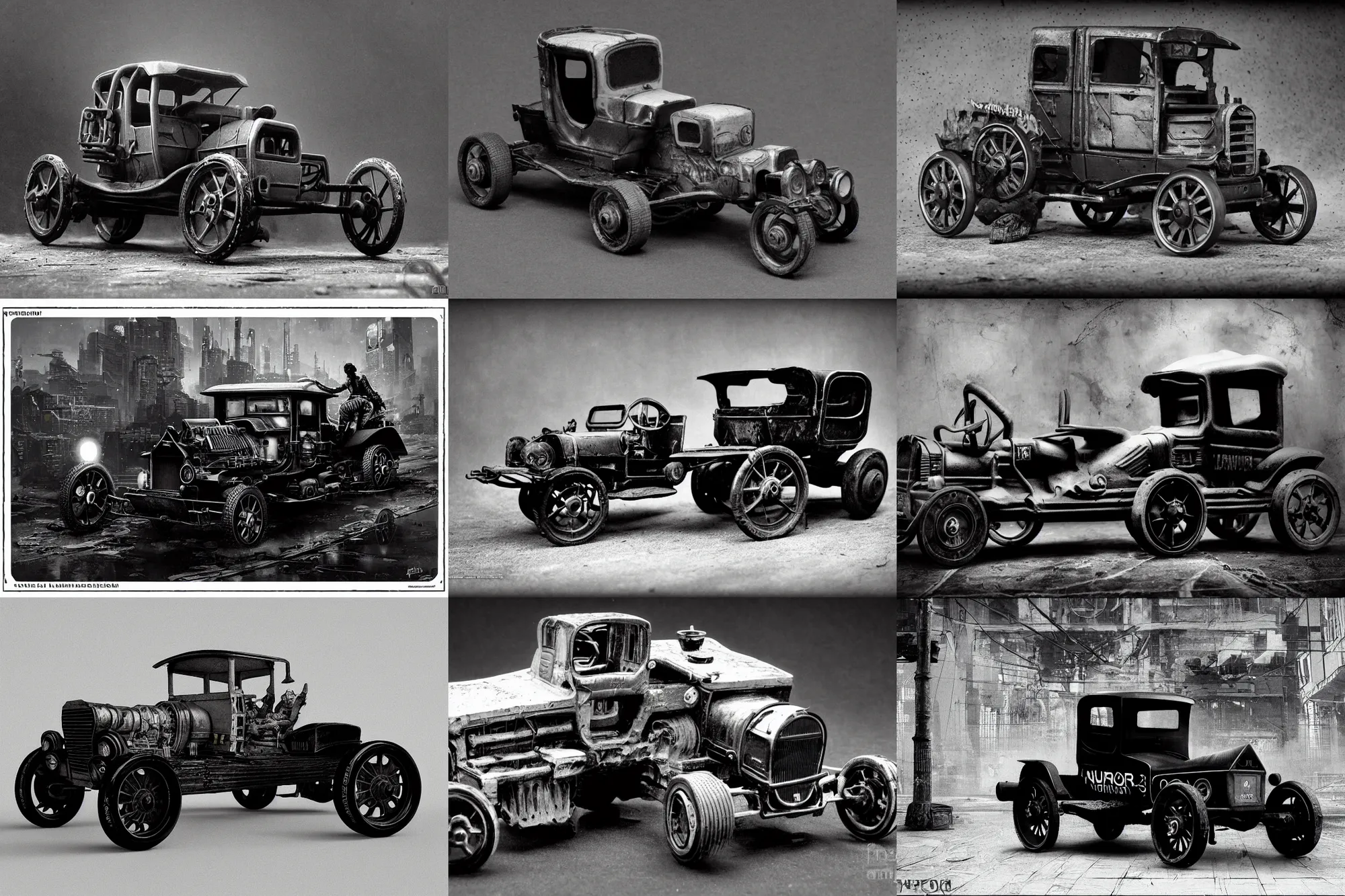 Prompt: cyberpunk 1 9 0 8 model ford t by paul lehr, black and white photo
