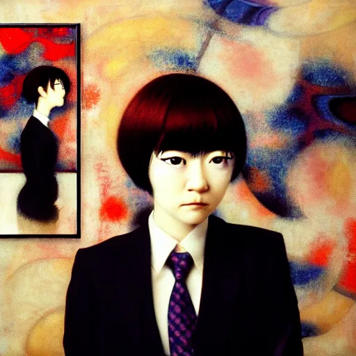 Image similar to yoshitaka amano blurred and dreamy realistic three quarter angle portrait of a young woman with short hair and black eyes wearing office suit with tie, junji ito abstract patterns in the background, satoshi kon anime, noisy film grain effect, highly detailed, renaissance oil painting, weird portrait angle, blurred lost edges