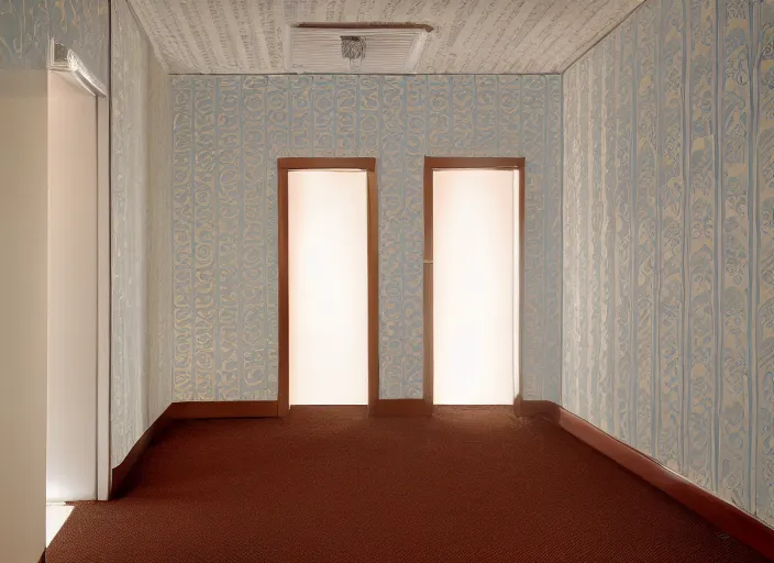 Image similar to an endless space of empty connecting rooms with old vanilla colored wallpaper from the 1970s and brown carpet lit by tungsten lights, no windows