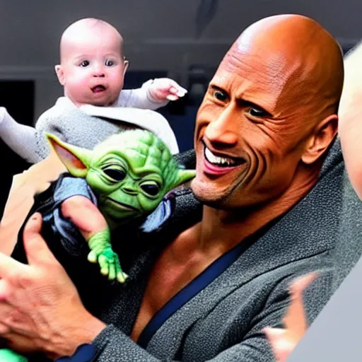 Image similar to Dwayne Johnson carries baby Yoda in his hands