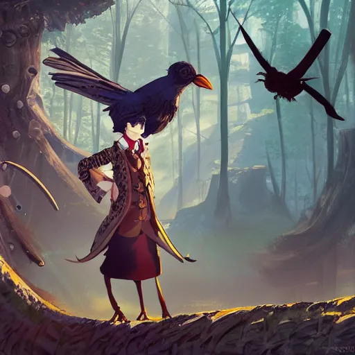 Image similar to concept art painting of an anthropomorphic crow person with steampunk clothes, in the deep forest, realistic, detailed, cel shaded, in the style of makoto shinkai and greg rutkowski and james gurney